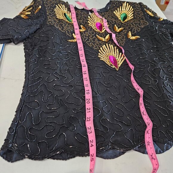 Vintage Denise Elle Black Silk Blouse Peacock Sequins Bling Holidays Party Top - Picture 10 of 12